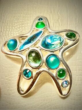 Vintage Alpaca Mexico Starfish Gemstone Brooch in Teal and Green